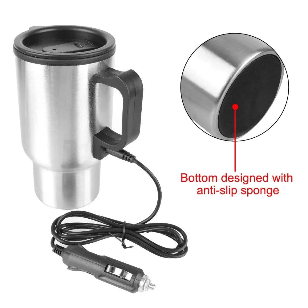 12V 450ml Electric Heating Car Kettle Water Coffee Milk Thermal Mug Camping Travel Kettle Stainless Steel Vehicle Heating Cup