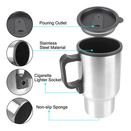 12V 450ml Electric Heating Car Kettle Water Coffee Milk Thermal Mug Camping Travel Kettle Stainless Steel Vehicle Heating Cup