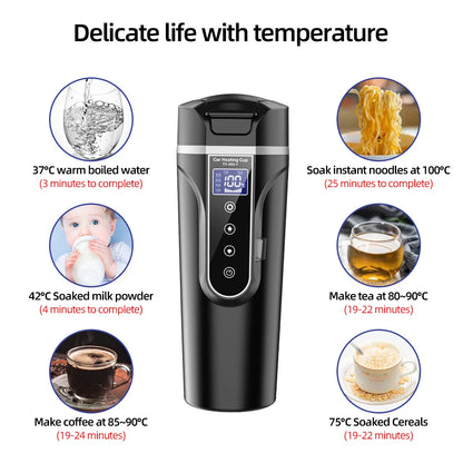 12V-24V Portable Car Heating Cup 304 Stainless Steel Water Warmer Bottle Car Kettle Coffee Milk Mug LCD Display Temperature