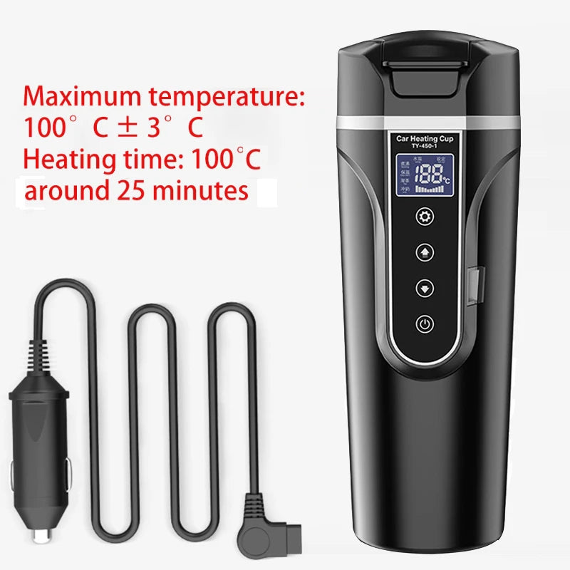 12V-24V Portable Car Heating Cup 304 Stainless Steel Water Warmer Bottle Car Kettle Coffee Milk Mug LCD Display Temperature