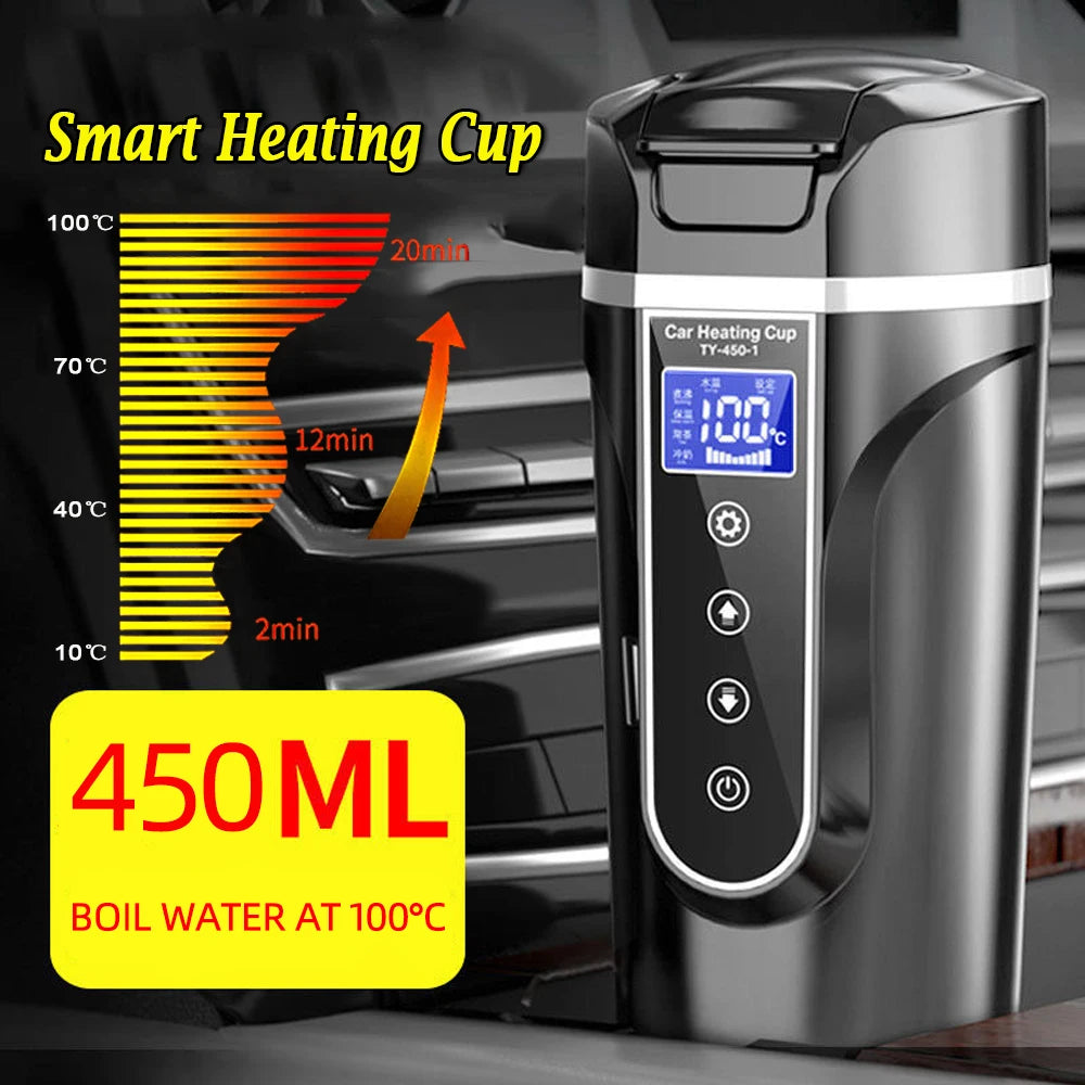 12V-24V Portable Car Heating Cup 304 Stainless Steel Water Warmer Bottle Car Kettle Coffee Milk Mug LCD Display Temperature